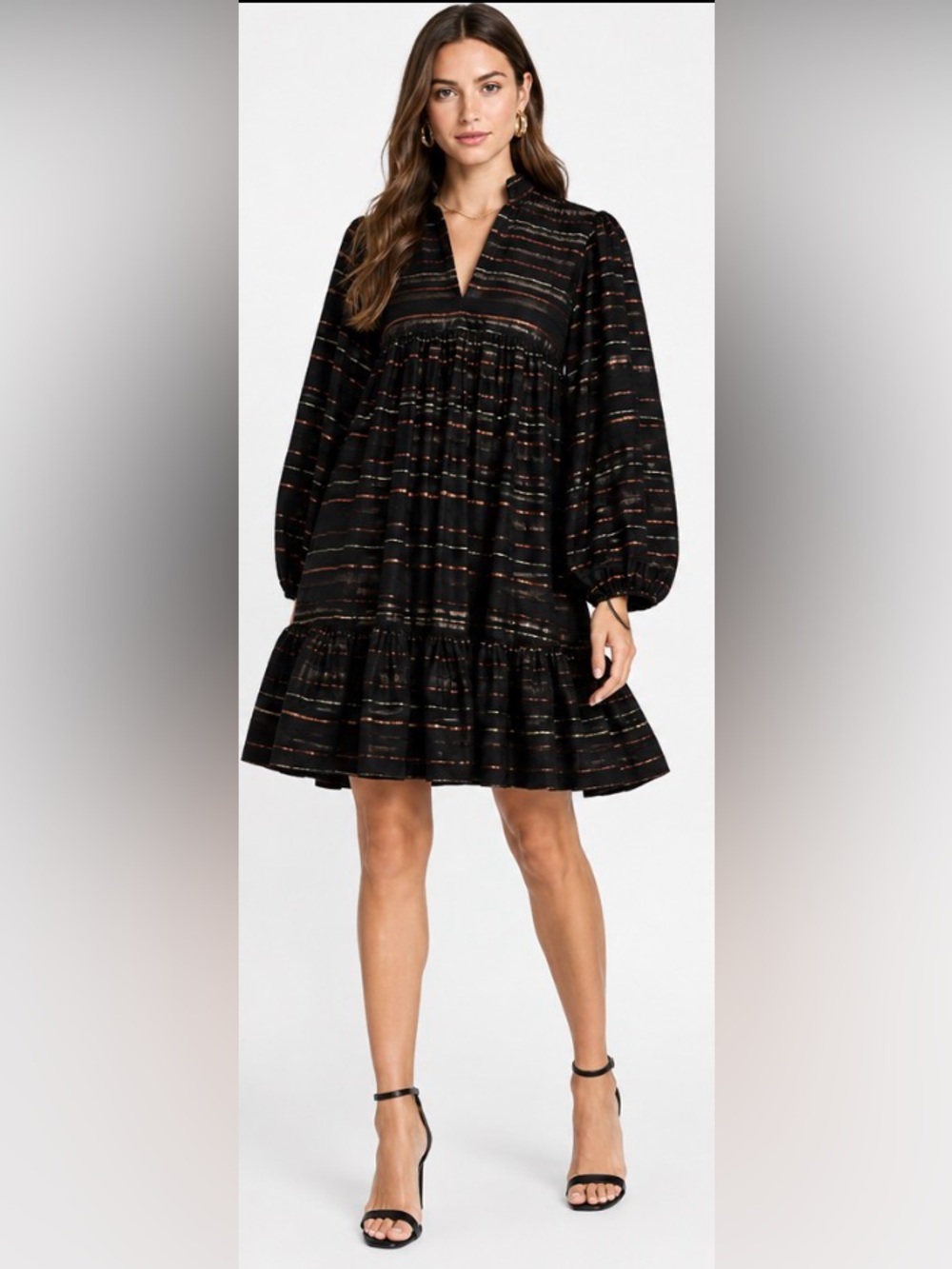 Black Halo Size 2 Metallic Stripe Empire Waist Tiered Dress